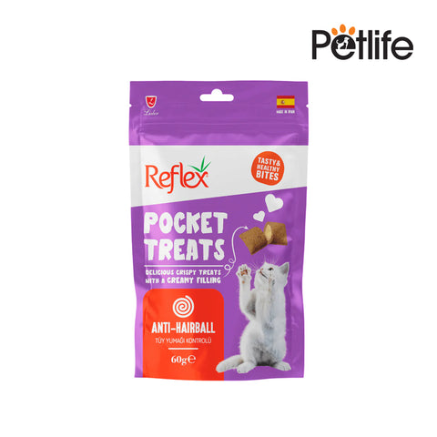 Purple package of Reflex Pocket Treats for cats with a white background