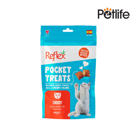 Package of Reflex Pocket Treats for cats with Petlife branding on a white background