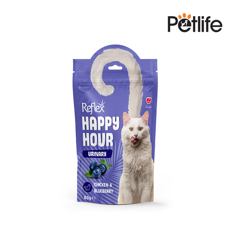 Cat food package with a cat on the front, branded as Petlife Reflex Happy Hour.