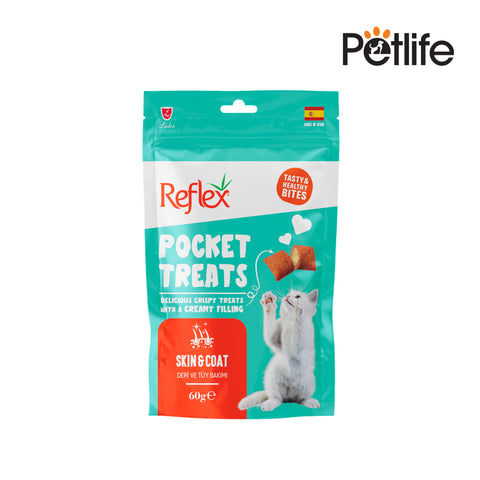 Package of Reflex Pocket Treats for cats with Petlife branding on a white background