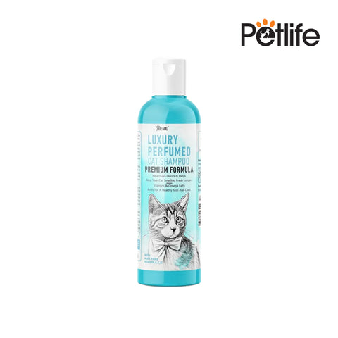 Cat shampoo bottle with a cat's face on the label against a white background, featuring the Petlife brand.