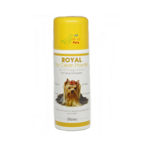 Can of Remu Royal Dry Clean Powder for dogs on a white background