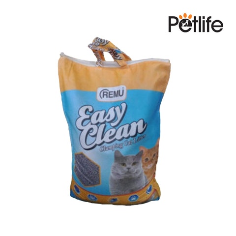 Bag of REMU Easy Clean clumping cat litter with a cat on the label against a white background.