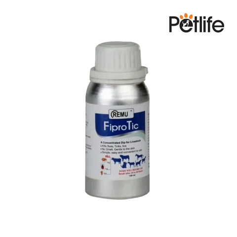 Metallic bottle labeled 'Fiprotic' with 'REMU' branding on a white background, featuring the Petlife logo.