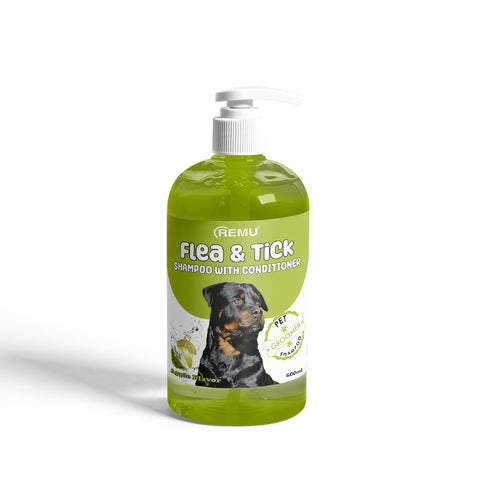 Green bottle of REMU flea and tick shampoo with a dog illustration on a white background