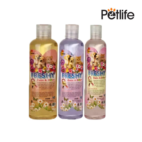 Three bottles of Petlife Freshy pet shampoo on a white background