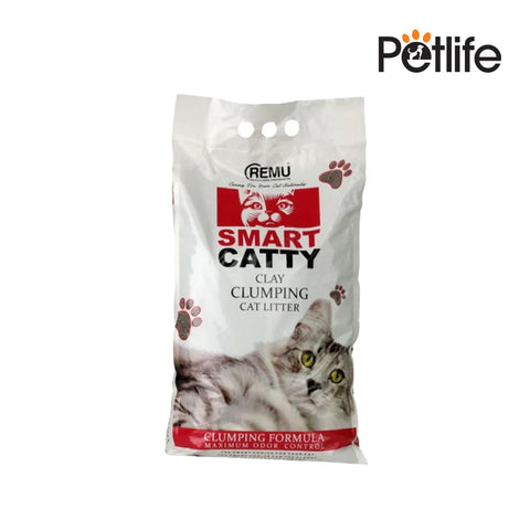 Bag of Remu Smart Catty clay clumping cat litter with a cat on the packaging against a white background.