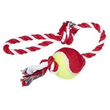 Red and white rope toy with a yellow ball on a white background