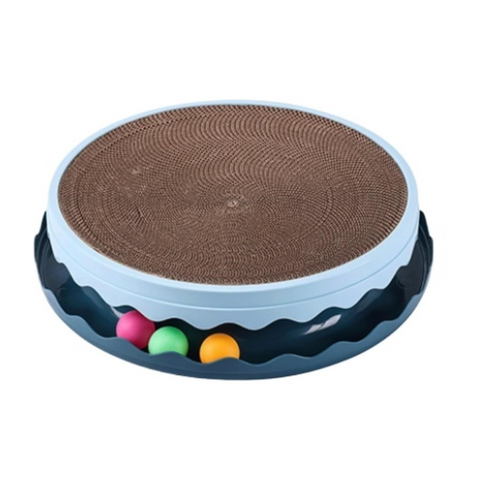 Round pet toy with brown surface and colorful balls on a white background