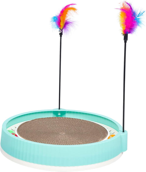 Cat toy with a scratching pad and feathered wands on a white background