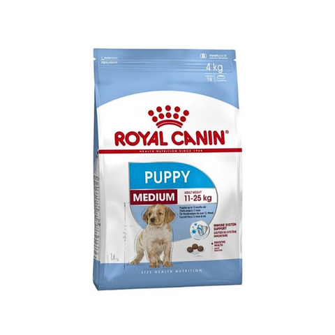 Royal Canin Puppy Medium dog food package on a white background