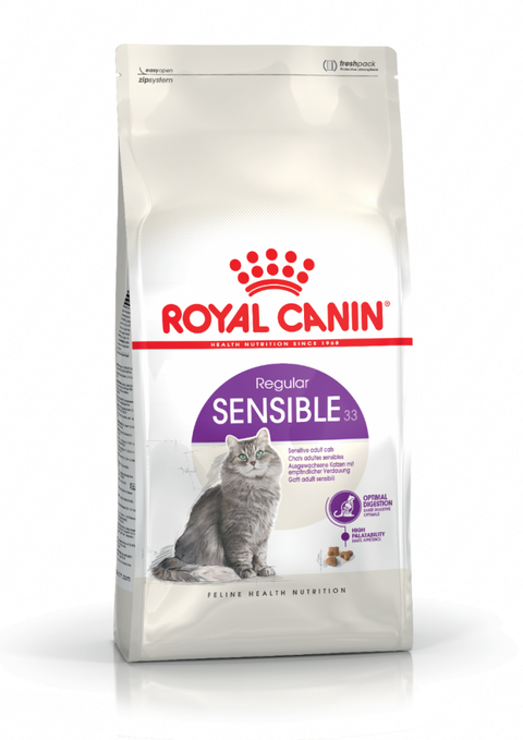 Royal Canin Sensible 33 cat food package on a white background