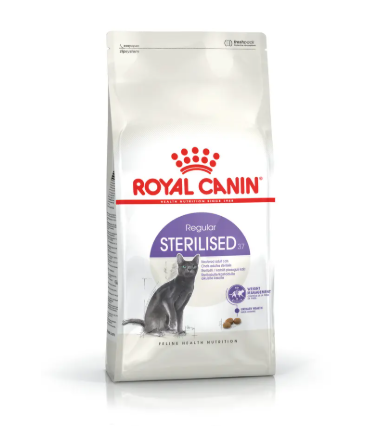 Royal Canin cat food package for sterilised cats on a white background