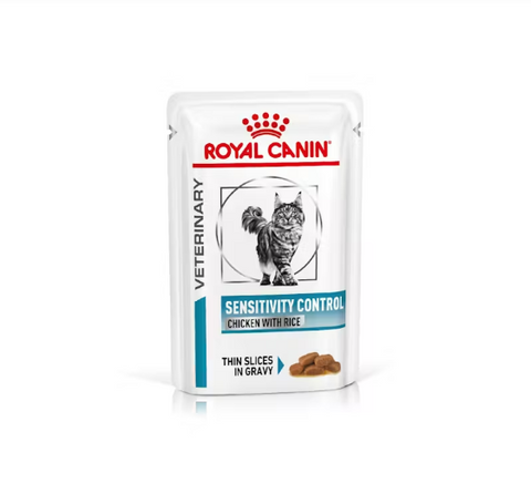 Royal Canin Veterinary Diet Sensitivity Control cat food pouch on a white background