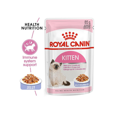 Royal Canin Kitten food pouch with text highlighting health nutrition and immune system support.