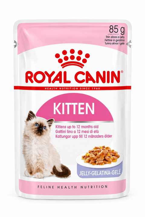 Royal Canin Kitten Wet Cat Food Pouch 85g in Jelly, Pink and White Packaging, Front View