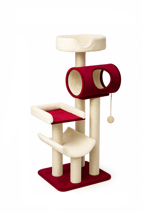 Cat tree with red and beige colors, labeled dimensions on a white background