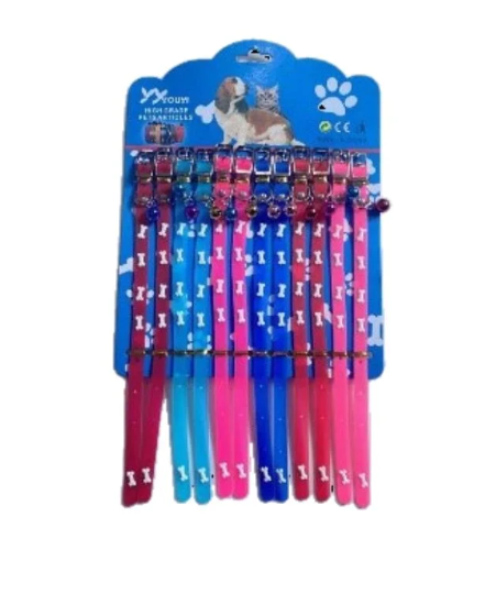 Packaged dog collars with blue and pink gradient design on a white background