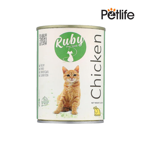 Can of Ruby Petfood chicken cat food with a cat illustration on a white background