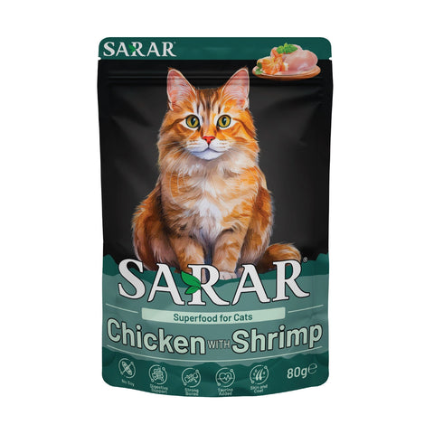 SARAR cat food pouch with a cat on the label, featuring chicken and shrimp.