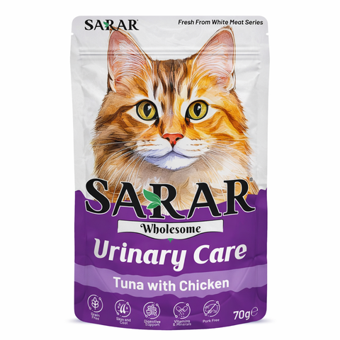SARAR Wholesome Urinary Care cat food package with a cat's face on the label.