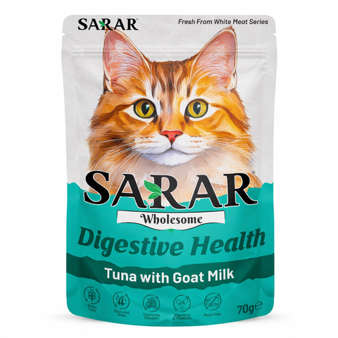SARAR cat food package with a cat illustration on a white background