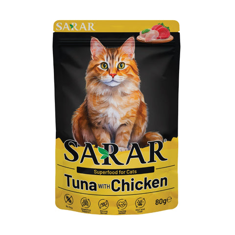 SARAR cat food package with a cat on the front, featuring tuna and chicken.