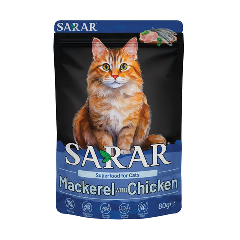 SARAR cat food package with a cat on the label, featuring mackerel and chicken.