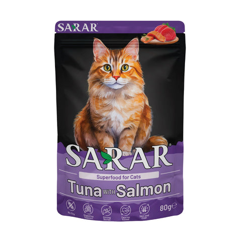 SARAR cat food pouch with a cat on the label against a white background