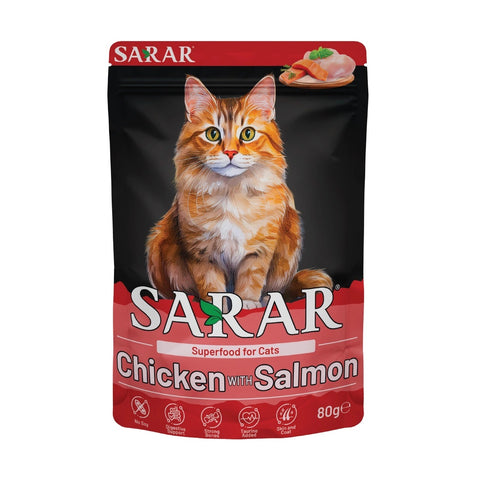 SARAR cat food package with a cat on the label, featuring chicken and salmon.