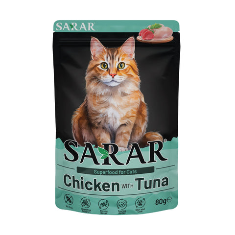 SARAR cat food package with a cat on the front, featuring chicken and tuna.