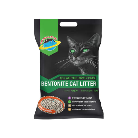 Bag of bentonite cat litter with a cat's face on the packaging