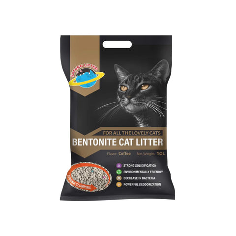 Bag of bentonite cat litter with a cat's face on the packaging.
