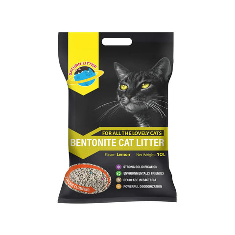 Bag of Saturn Litter Bentonite Cat Litter with a cat's face on the packaging.