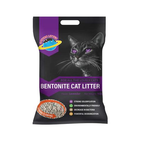 Bentonite cat litter package with a cat illustration on a white background
