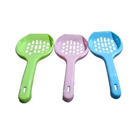 Three colorful cat litter scoops in green, pink, and blue on a white background