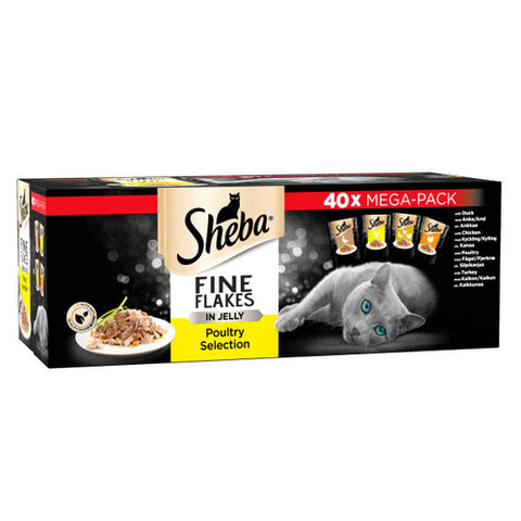 Sheba Fine Flakes in Jelly cat food packaging on a white background