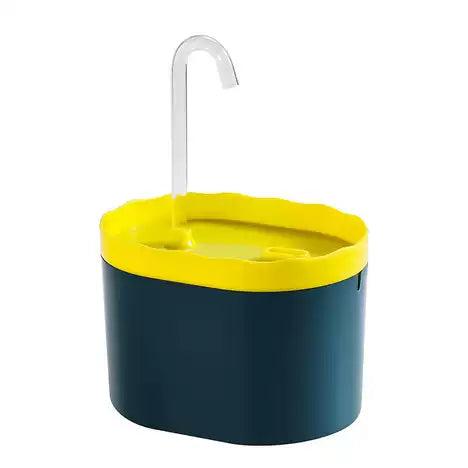 Blue and yellow hanging container with a hook on a white background