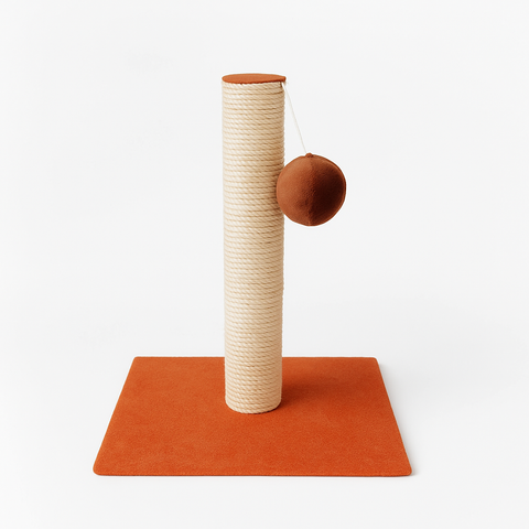 Cat scratching post with orange base and brown ball on a white background