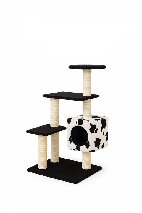 Cat tree with a single round house on a white background