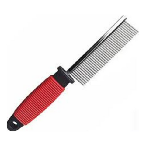 Pet grooming comb with red handle on a white background