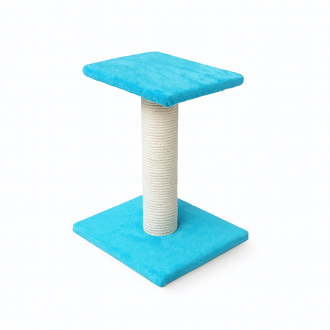 Blue cat tree with a scratching post on a white background
