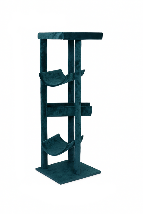 Teal cat tree with multiple levels on a white background