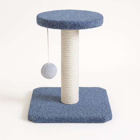Cat tree with blue cushioned platform and white rope, featuring a ball on a white background.