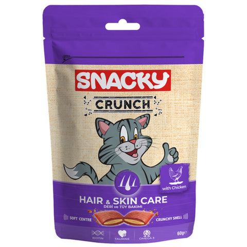 Snacky Crunch cat treat package with a cartoon cat on a purple and beige background