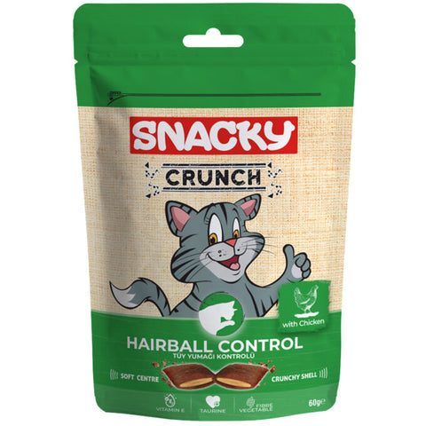 Snacky Crunch cat treat packaging with a cartoon cat on a beige background
