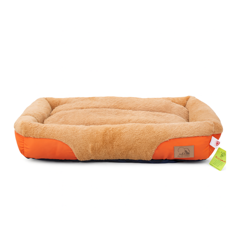 Pet bed with orange and beige color scheme on a white background