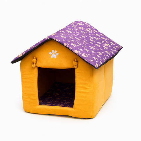 Pet bed with purple roof and yellow body on a white background