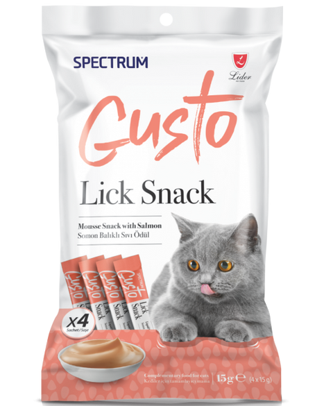 Spectrum Gusto Lick Snack packaging for cats with a gray cat on the front.
