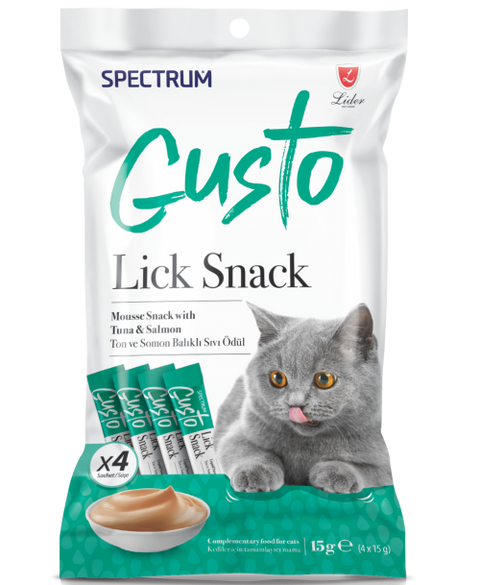Spectrum Gusto Lick Snack packaging for cats with a gray cat on the front.
